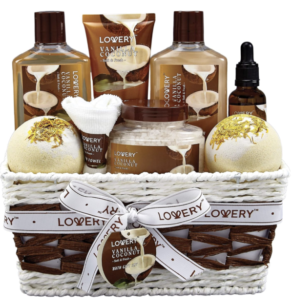 Women’s Gift Basket 9-Piece Vanilla Coconut Spa Set Bath & Body Self Care Kit
