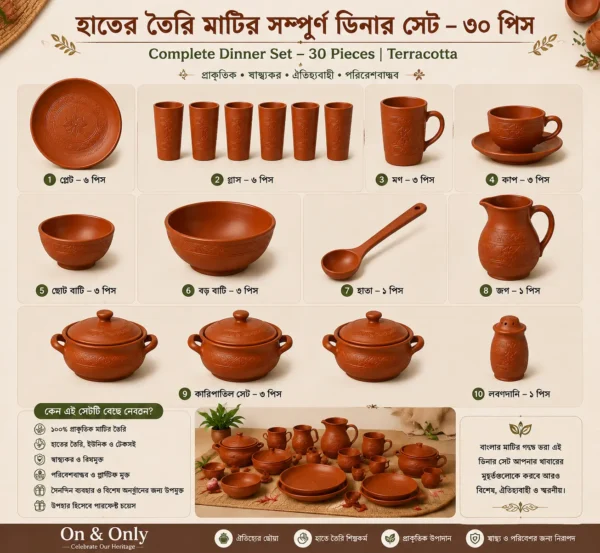 হাতের তৈরি মাটির সম্পূর্ণ ডিনার সেট – ৩০ পিস | Complete Dinner Set – 30 Pieces | Terracotta